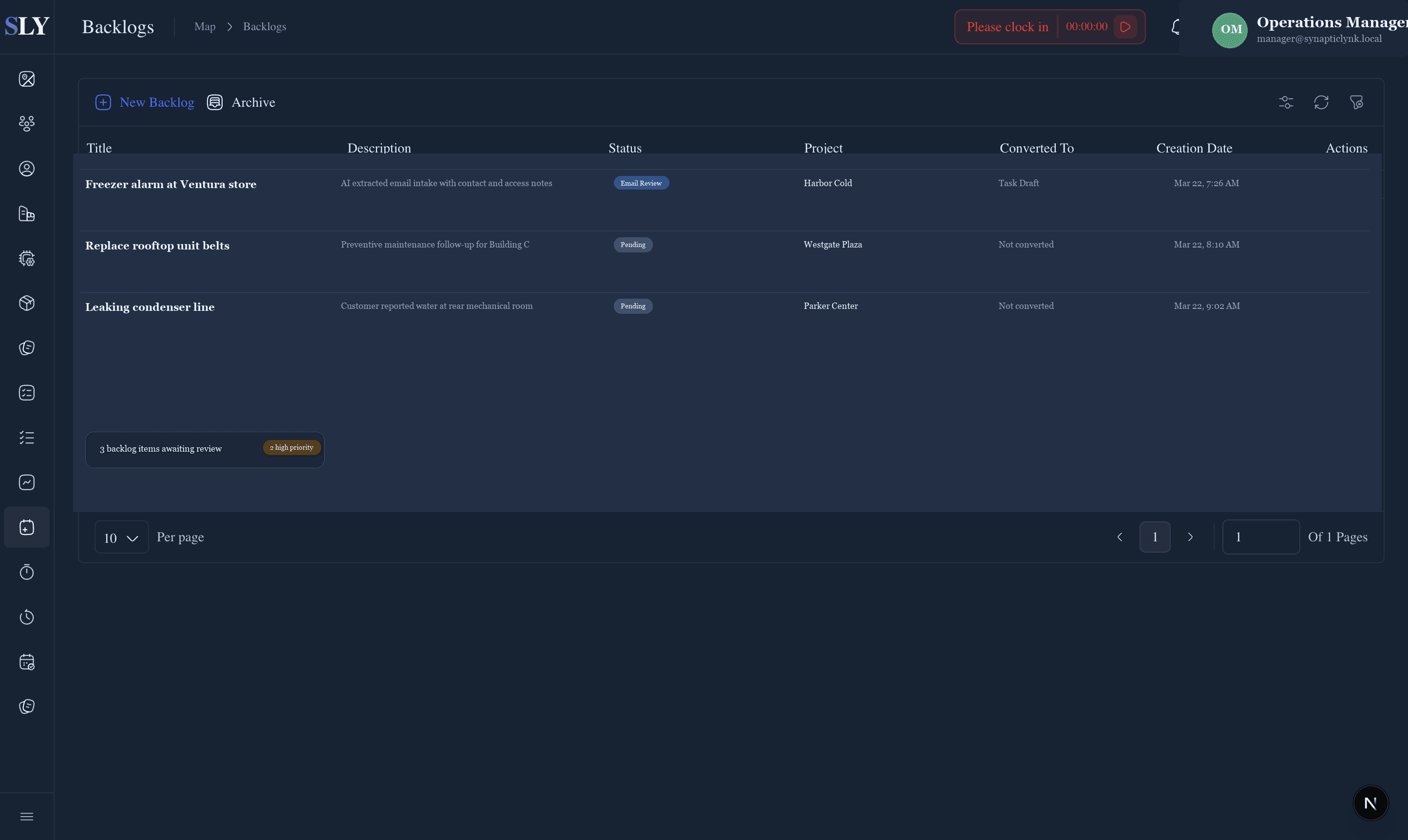 SynapticLYnk contractor backlog workspace screenshot